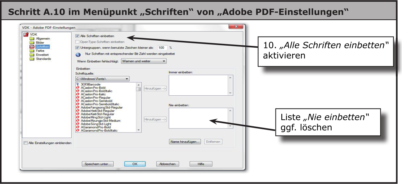 Dialog von Adobe PDF-Einstellungen: Schriften